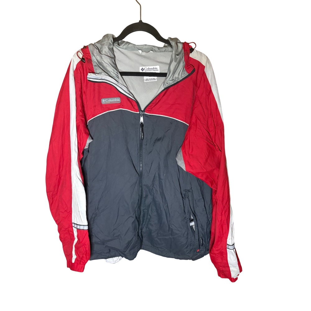 Columbia Mens Packable Windbreaker Jacket Red Grey Colorblock Hooded Large